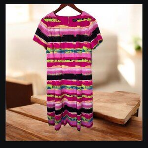 Tahari ASL Fit & Flare Dress: Hot Pink Multicolor Stripes, Scuba, Pleated -SZ 10